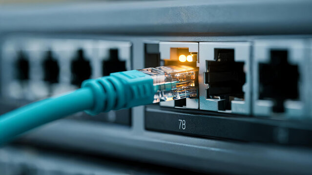 A close-up of a network switch port with a teal ethernet cable plugged in, showing active connection indicator lights.