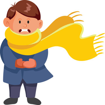 Cold Autumn Weather Vector Illustration With Boy Wearing Warm Scarf. Cartoon character with a freezing young boy shivering in windy winter weather 