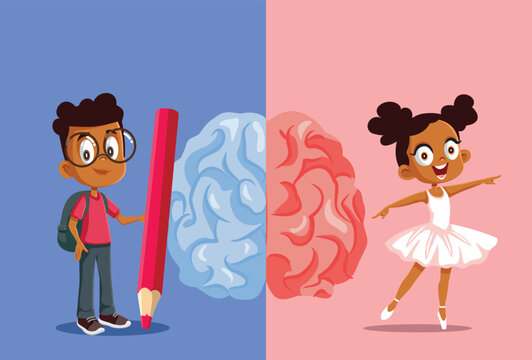 Left And Right Brain Hemispheres Vector Illustration Showing Creativity Logic. Cartoon characters depicting comparison between logical left brain and creative right brain 
