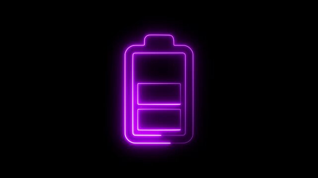 Neon purple battery charging animation, glowing digital power level indicator for ui