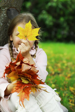 Child Enjoying Autumn: Girl Holding Colorful Maple Leaves in a Park