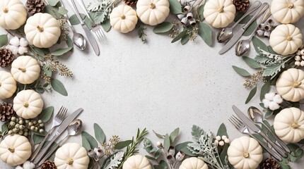 Obraz premium Elegant Thanksgiving Table Setting with White Pumpkins Eucalyptus and Silver Cutlery on Grey Stone Background