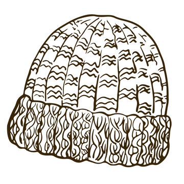 Hand drawn vector illustration of a winter knitted hat isolated on white background.