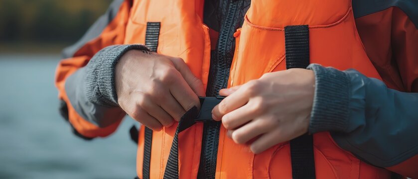 Person fastening a life jacket outdoors.