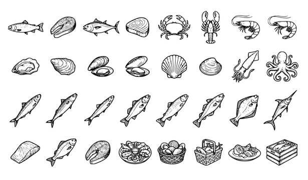 Hand Drawn Engraved Seafood Icons Set &ndash; Vintage Salmon Tuna Crab Lobster Shellfish Vector