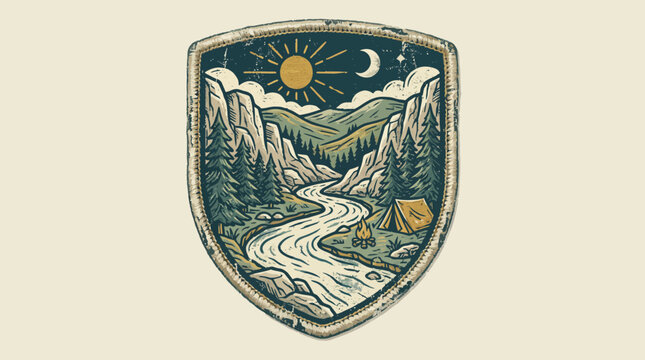 Vintage camping shield patch with mountains river and tent