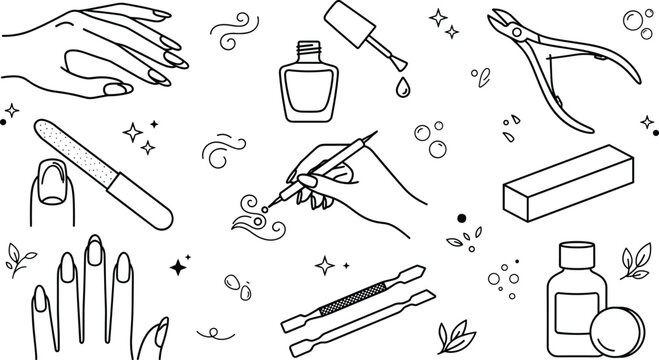 Vector Manicure Nail Care Icon Set with Polish Nipper Buffer and Art Elements