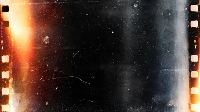 Dark cinematic film strip texture with warm orange light leaks, subtle blue haze, film grain, dust, scratches, and visible sprocket holes along the edges.