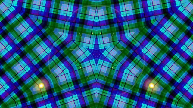 Vibrant digital kaleidoscope with a symmetrical plaid pattern in bold blue, green, and purple hues, featuring a central star and luminous accents for an energetic abstract background
