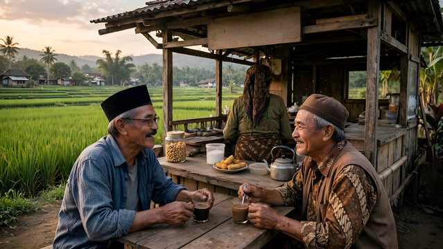 Two elderly Javanese men drinking coffee at rustic stall in rice field
