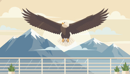 Fototapeta premium Majestic bald eagle soaring high with open wings above snowy mountain peaks under a soft sky viewed from a balcony.