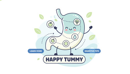 Fototapeta premium Happy Tummy cartoon vector concept featuring a smiling stomach character showing healthy digestion food items.