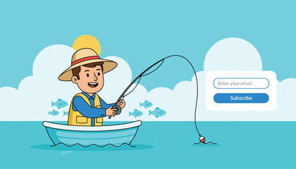 Naklejka premium Friendly fisherman in a boat subscribes to an email newsletter while holding his fishing rod on a calm blue sea.