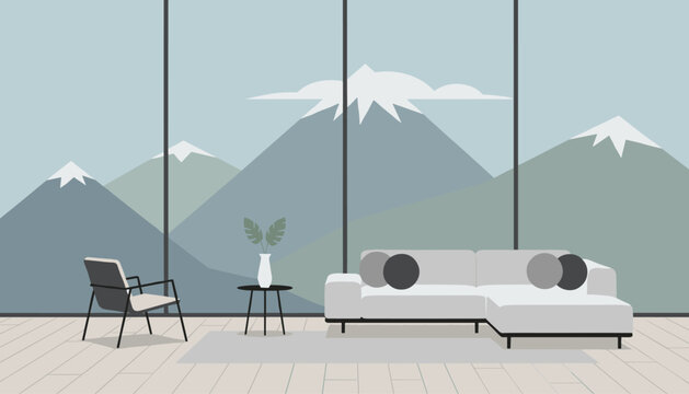 Cozy modern living room featuring a white corner sofa and a large panoramic window displaying snow-covered mountain peaks.