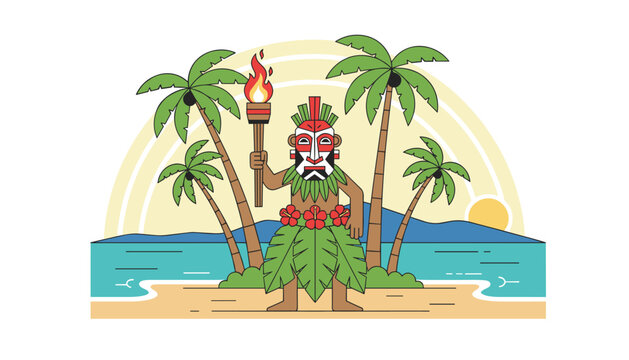 Tiki tribal warrior in traditional costume holding a burning torch on a tropical beach with palm trees at sunset.