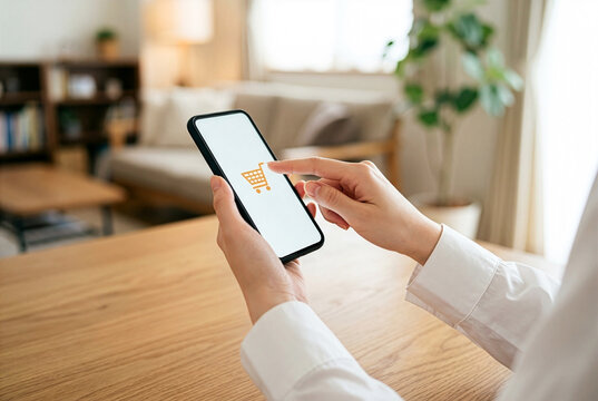 スマートフォンでオンラインショッピングを利用する日本人女性の手元｜スマホ・ネット通販・ECサイト・商品購入のイメージ
