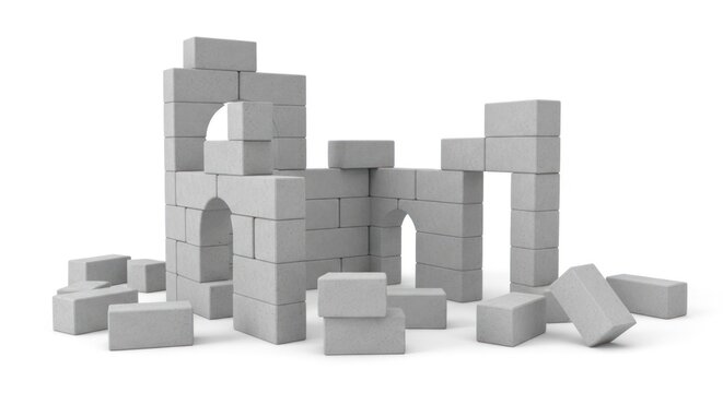 Grey Building Blocks Structure on White Background.