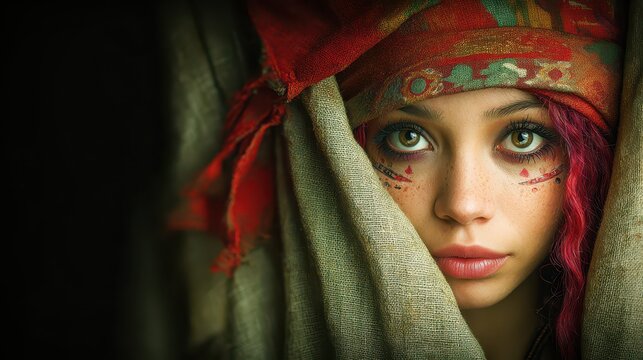 Bohemian Beauty: A striking portrait captures the essence of a free-spirited individual adorned with vibrant headscarf and intricate face paint, her captivating eyes hinting at untold stories.