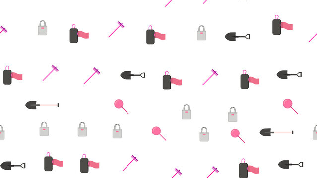 Pattern of gardening tools, shopping bags, and lollipops
