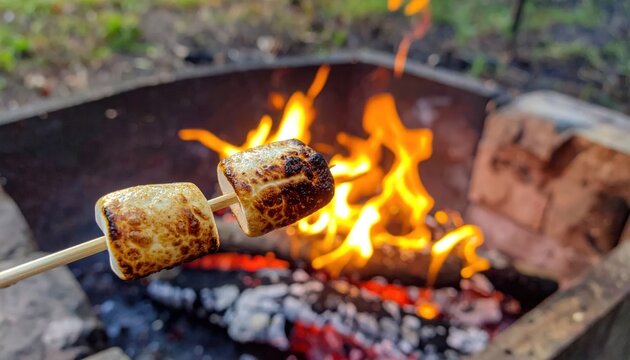 Toasted marshmallows on sticks over campfire flames.