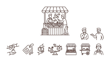 Obraz premium Local Farmers Market Scene with Transactions and Produce Icons - Vector Illustration