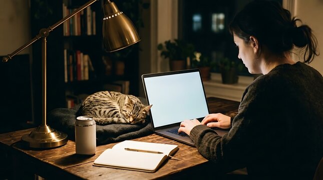 Person working on a laptop at night with a sleeping cat