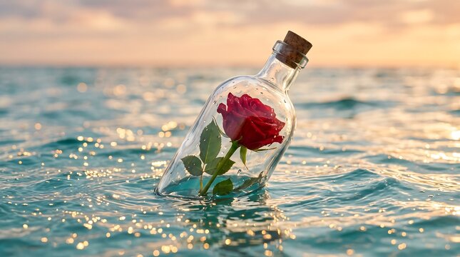 A single red rose sealed inside a glass bottle floating gently on the sparkling blue ocean waves at sunset.