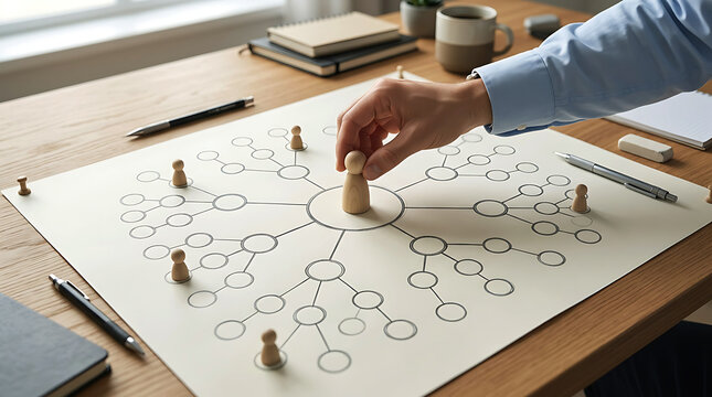 Businessman planning strategy with wooden pieces on a diagram at office desk