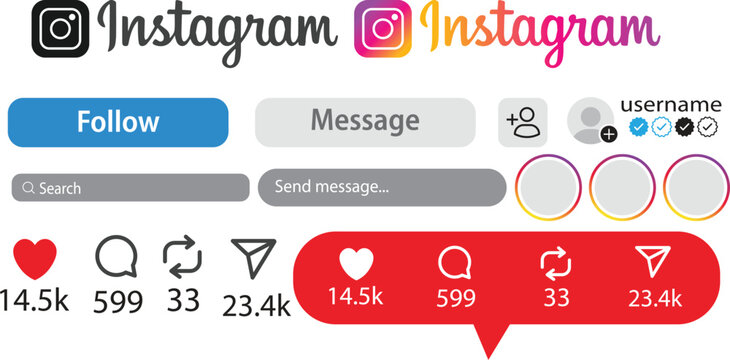 Instagram new icons set, Like, love, heart, home, repost, comment, follow, share, save, stories user button signs. Instagram user interface icon set with buttons and interaction symbols. mobile app sy