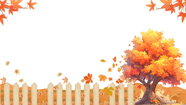 Autumn wooden fence background presentation with big orange tree and falling leaves