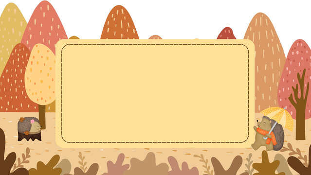 Cute autumn forest background presentation with hedgehog holding umbrella and stitched card