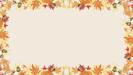 Fototapeta premium Watercolor autumn leaves and acorns border frame background presentation on cream