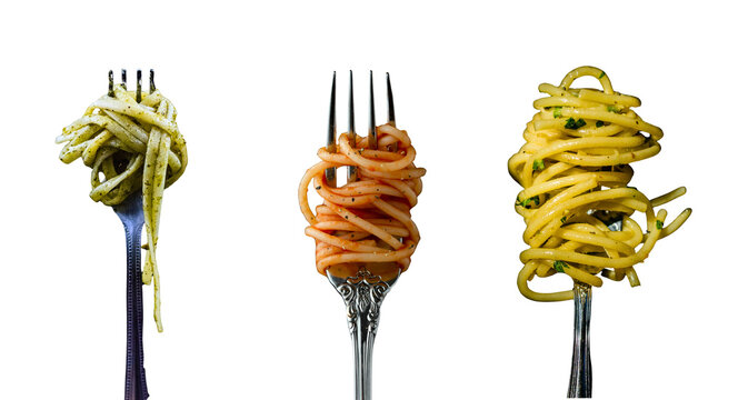 Three forks with pesto tomato and olive oil pasta isolated transparent png
