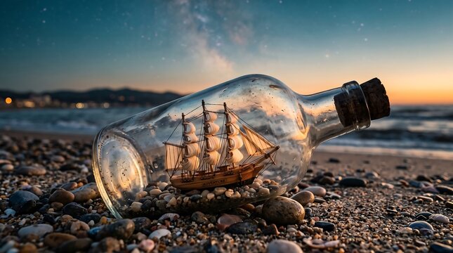 A miniature ship inside a glass bottle rests on a pebble beach under a twilight sky with stars.