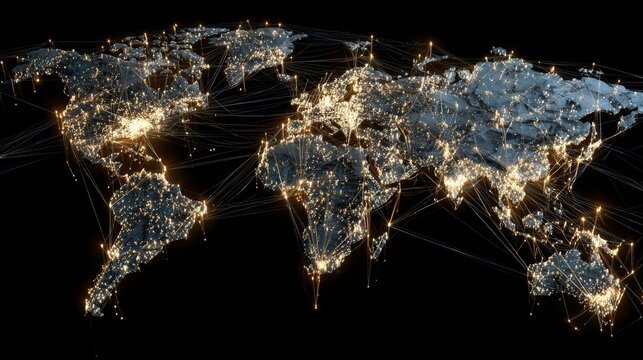 3d rendered world map illuminated by glowing network nodes and connected lines, representing global communication, international business, digital connectivity, data exchange, worldwide networking, an