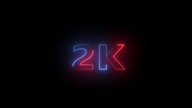 Glowing 2k resolution sign with blue and red neon light effect on a black background