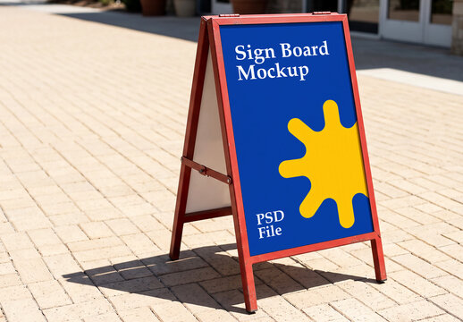 A Frame Sandwich Board Sign Mockup Standing Outside on Sidewalk