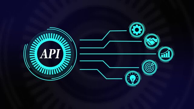 API Application Programming Interface concept, with api icons overplayed on the screen in a dark studio setting