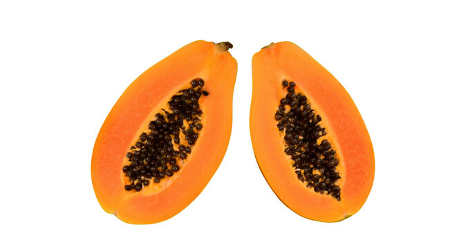 Fresh ripe papaya halves showing seeds isolated png transparent background