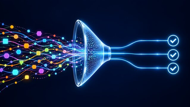 Data filtering funnel converting complex colored information into streamlined verified output representing analytics and digital processing