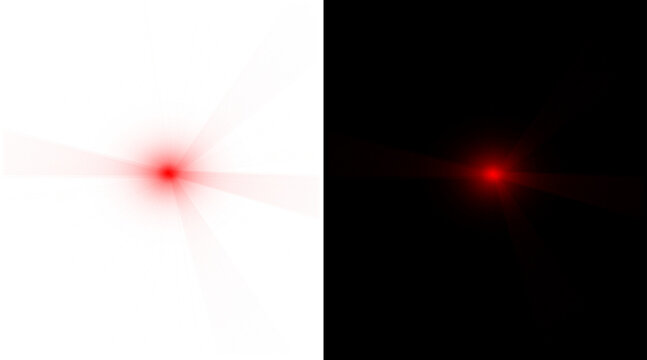 Red laser dot light effect, glowing optical lens flare on black and white backgrounds, bright infrared pointer beam for presentations