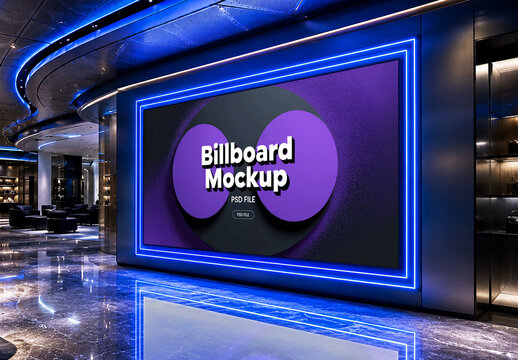 Digital Billboard Mockup with Neon Frame in Luxury Interior