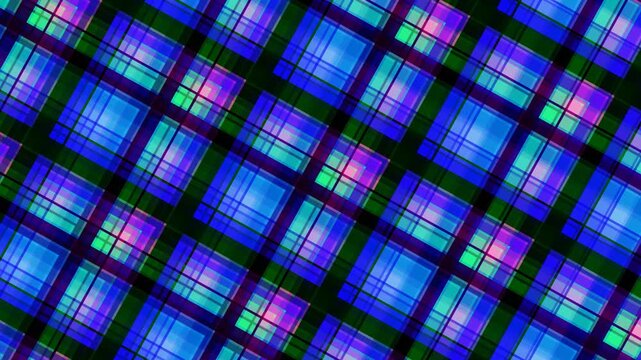 Diagonal neon blue and purple tartan background with glowing lines and geometric plaid grid pattern for modern textile and digital art designs