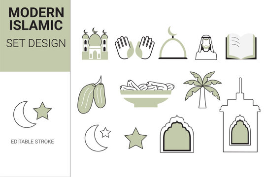 Modern Islamic Ramadan and Eid Symbols Set Vector Illustration