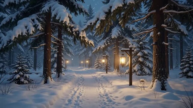 Snowy forest path with glowing lanterns at night