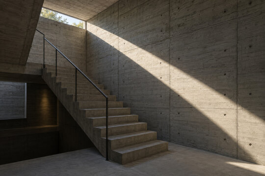 Empty brutalist concrete stairwell with board-formed walls and hard diagonal sunlight