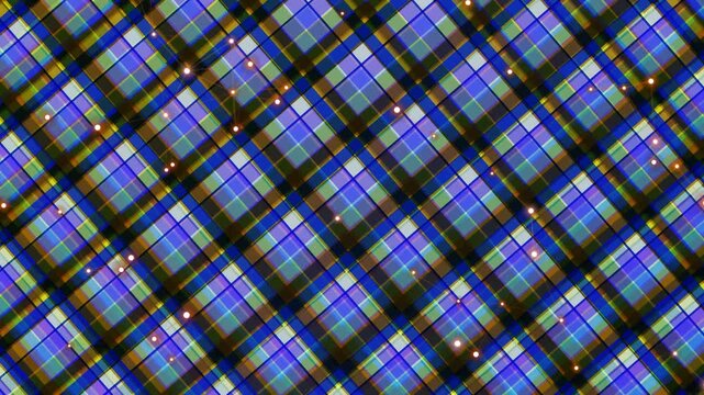 Abstract glowing blue tartan plaid pattern with diagonal checkered geometric lines and sparkling light particles