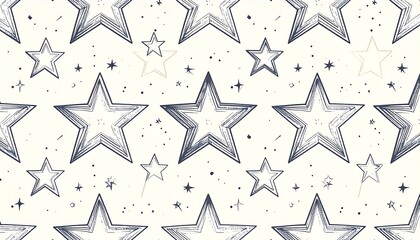Obraz premium 手描き風の星柄シームレスパターン（白背景に紺色の線画）