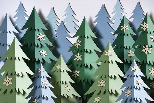 Creative paper cut out winter forest evergreen pine trees backdrop illustration