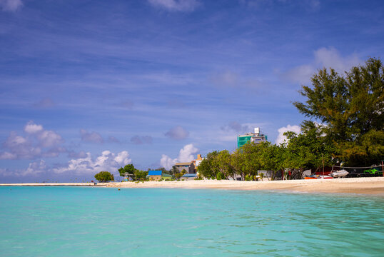 Beautiful turquoise tropical beach in a holidays scene in Gulhi, Maldives